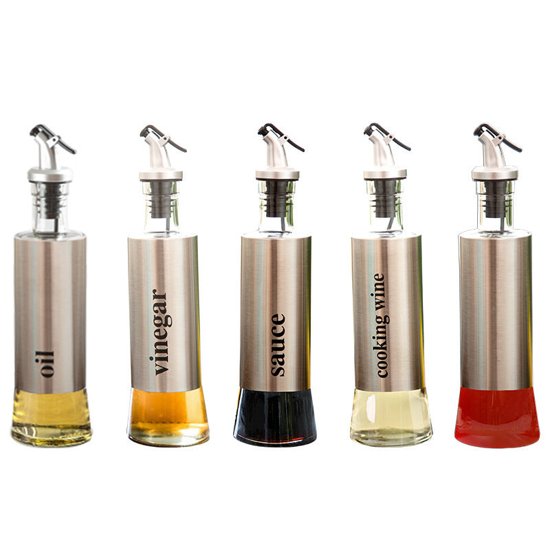 Auslaufsicher Glasflasche aus Edelstahl, verschiedene Ausführungen und Beschriftungen (Vinegar, Oil, ...), einzeln oder als Set