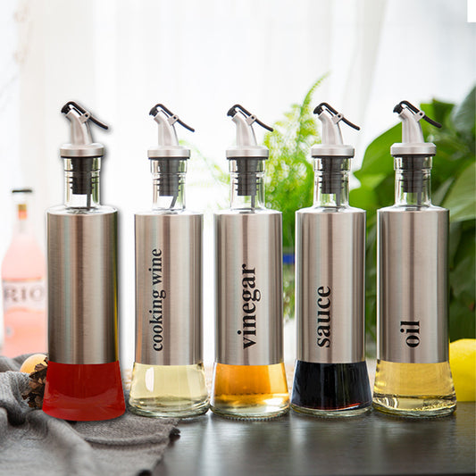 Auslaufsicher Glasflasche aus Edelstahl, verschiedene Ausführungen und Beschriftungen (Vinegar, Oil, ...), einzeln oder als Set