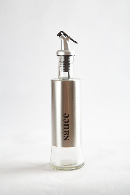Auslaufsicher Glasflasche aus Edelstahl, verschiedene Ausführungen und Beschriftungen (Vinegar, Oil, ...), einzeln oder als Set
